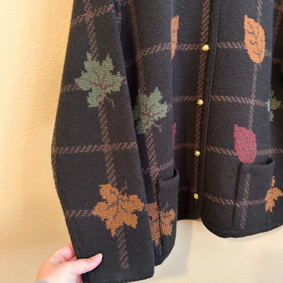 Vintage Fall Leaf Grid Crystal Kobe Oversized Sweater Cardigan Cozycore - Picture 3 of 12